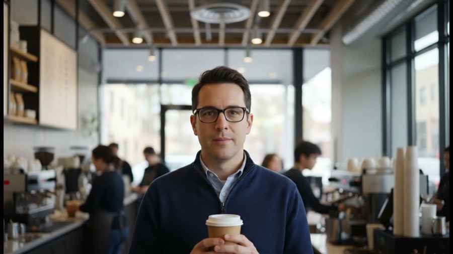 A man holding a coffee in a café